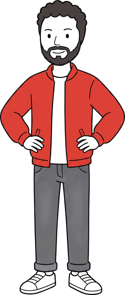 Leo, hands on hips, in his red bomber jacket